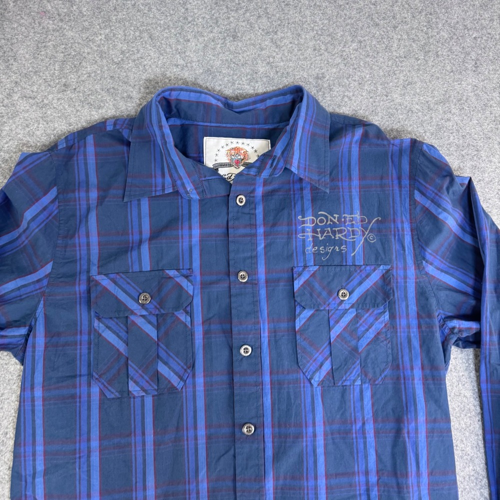 Vintage Y2K Ed Hardy Mens Blue Plaid Born To Win Embroidered Skull Shirt L - Picture 5 of 11